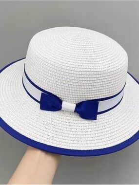 White Straw Sun Hat with Royal Blue Trim and Bow size approx 22-22.83 (7-7 1/4)
